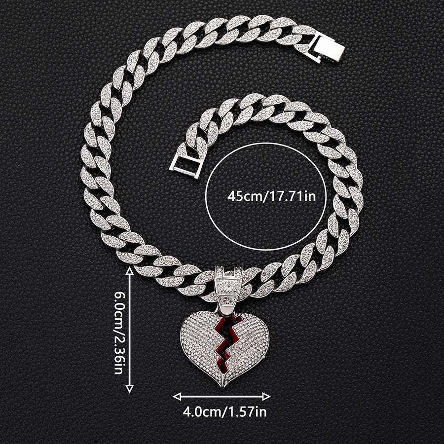 Wholesale Full Diamond Broken Heart Pendant Hip Hop Alloy Necklace